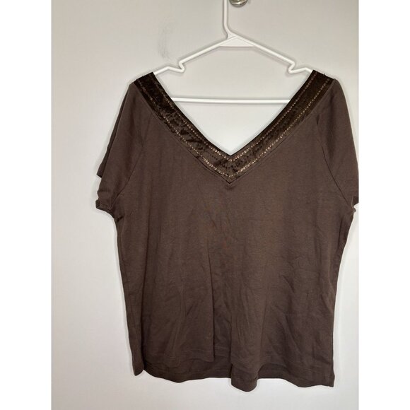VENEZIA NEW Embellished Short Slv Tee Womens 14/16 Brown Sequins V-Neck - Picture 4 of 5